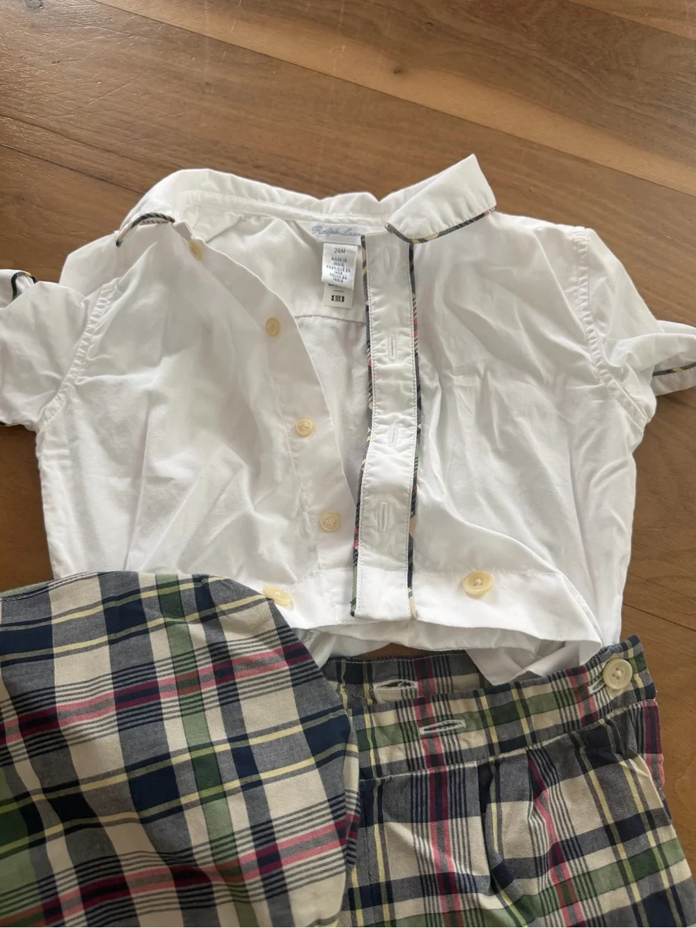 Ralph Lauren White Shirt with Navy, Green & Cream Plaid Shorts and Cap